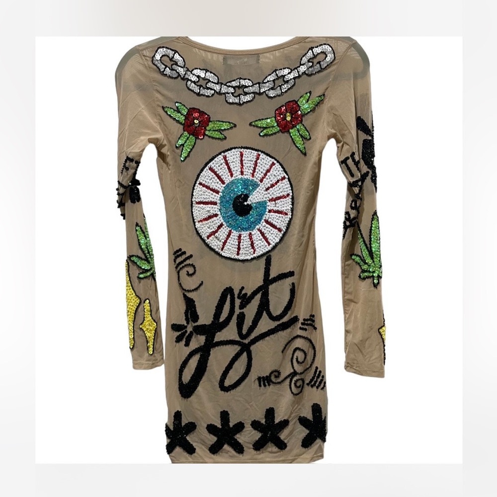 Dolls kill size XS rare HTF hand beaded sequined mesh long sleeve bodycon dress - Picture 2 of 7